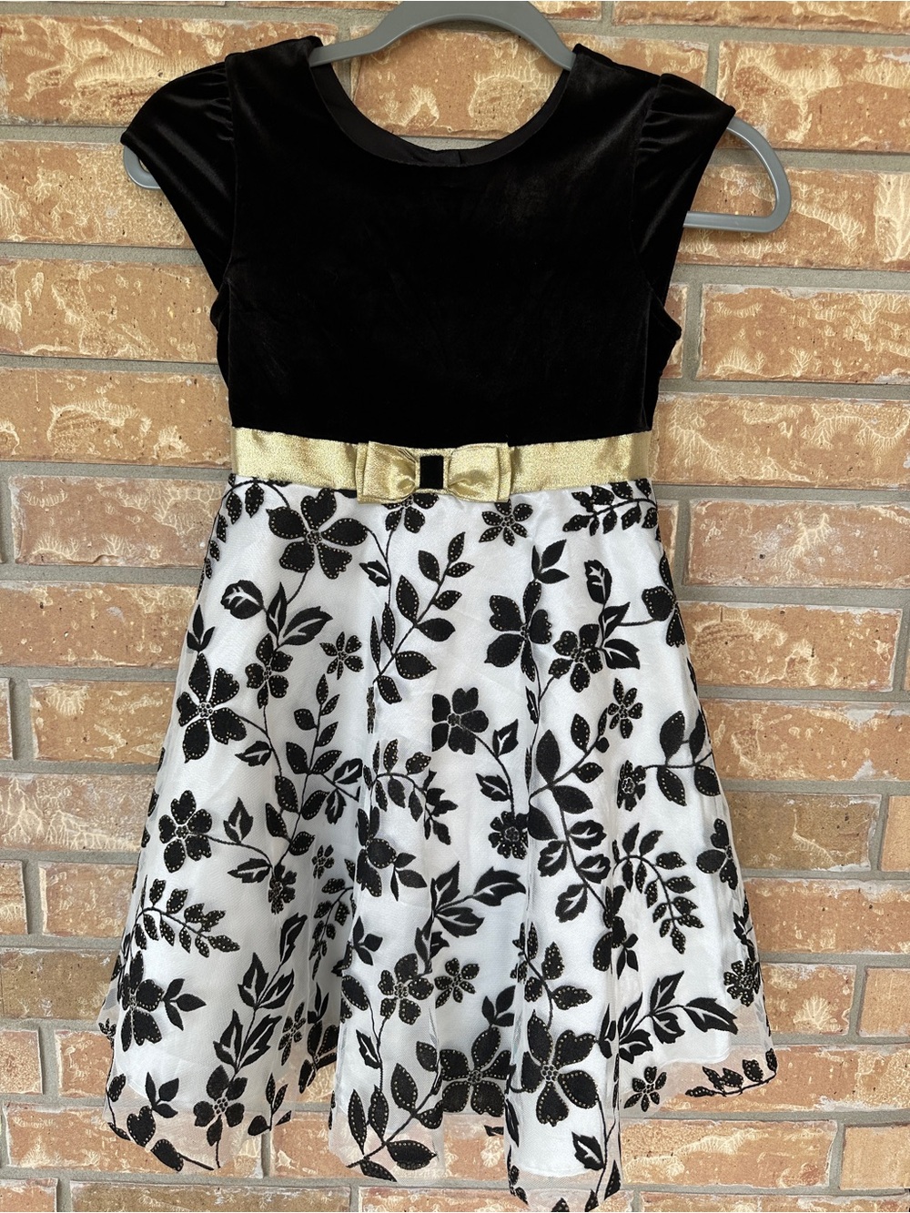 Jona Michelle Velvet Floral Party Dress Gold Bow Black White Girls Size 7 UK 7